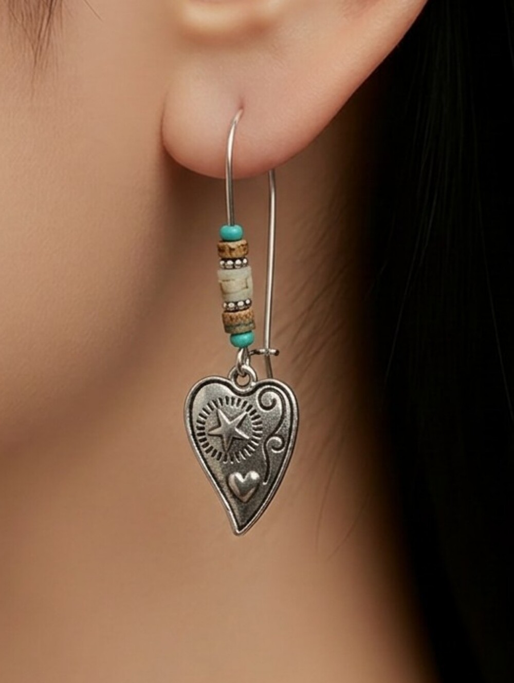 Engraved Heart Silver Dangle Earrings Turquoise Beaded Western Boho Chic Jewelry